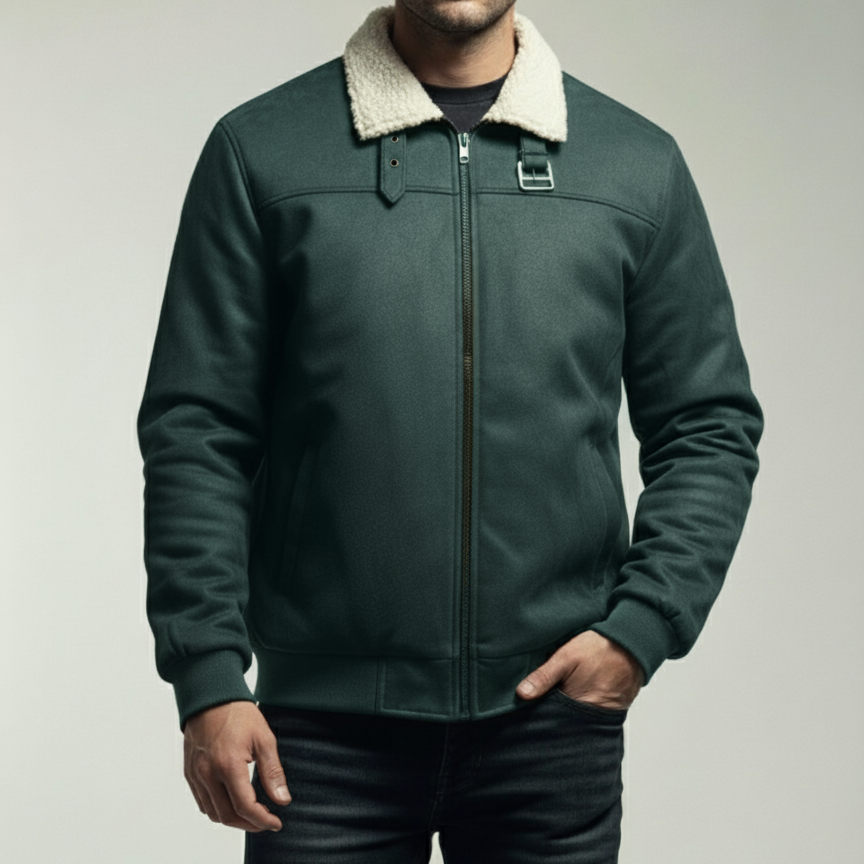 SF-160: Men's Dark Green Bomber Jacket with Cream Sherpa Collar