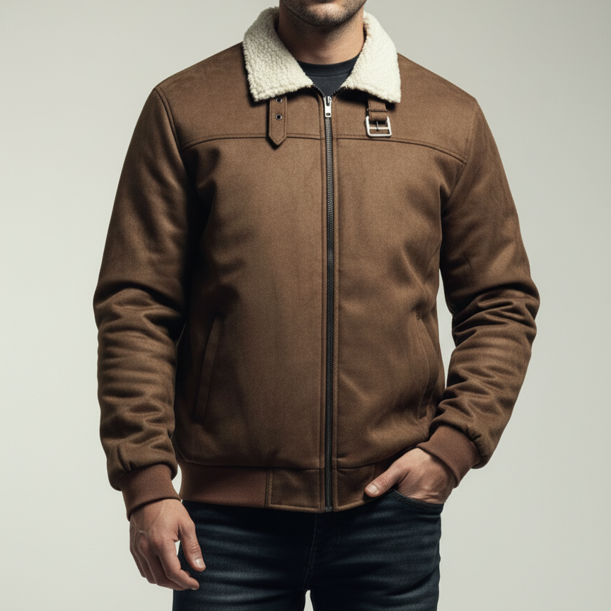 SF-175: Men's Brown Suede-Look Bomber Jacket with Cream Sherpa Collar