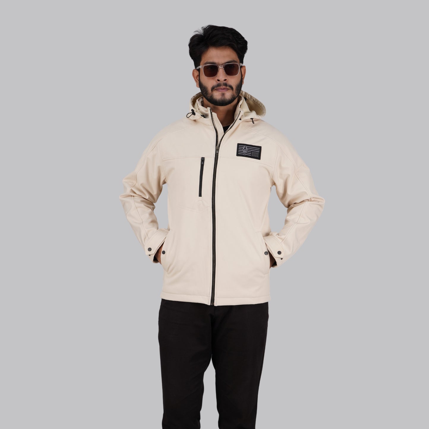 HD-235: Cream Zip-Front Technical Hooded Jacket