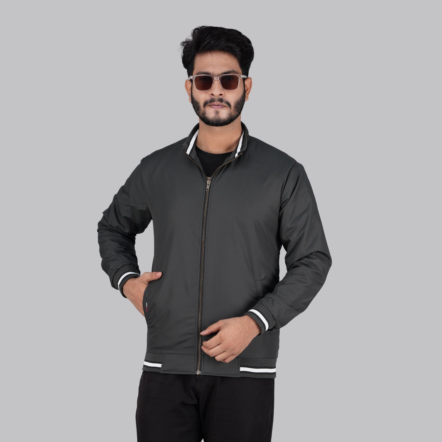 Subtle Dark Grey Casual Jacket with Striped Trim | RP-360