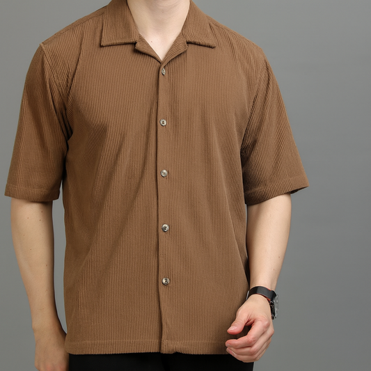 Cuban Collar Corduroy Half Sleeve Shirt |H-200