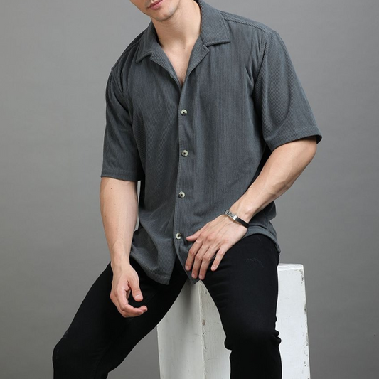 Cuban Collar Corduroy Half Sleeve Shirt |H-203