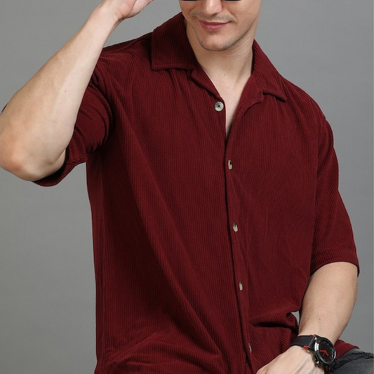 Cuban Collar Corduroy Half Sleeve Shirt |H-204