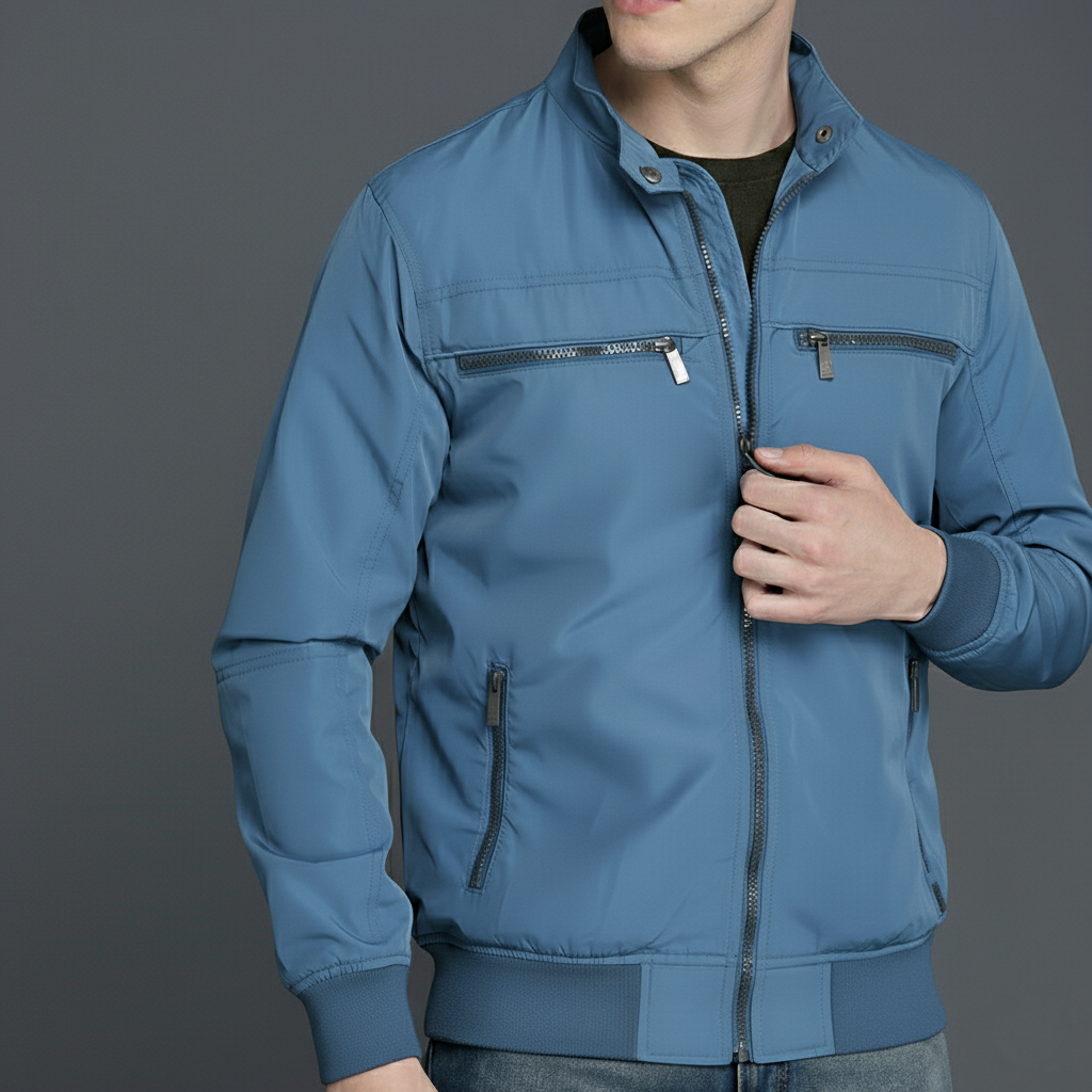 SKN-004: Classic Sky Blue Stand Collar Zippered Jacket