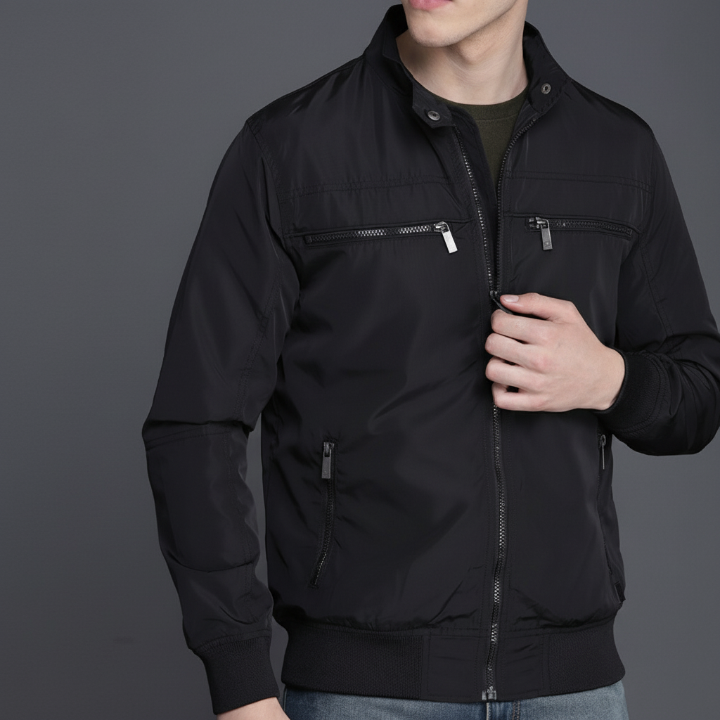 SKN-003: Classic Black Stand Collar Zippered Jacket
