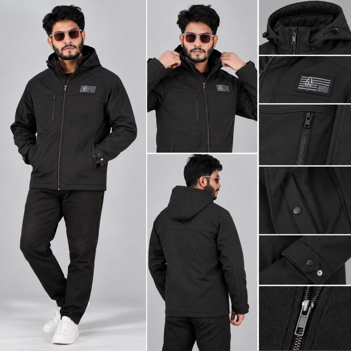 HD-225: All-Black Zip-Front Technical Hooded Jacket