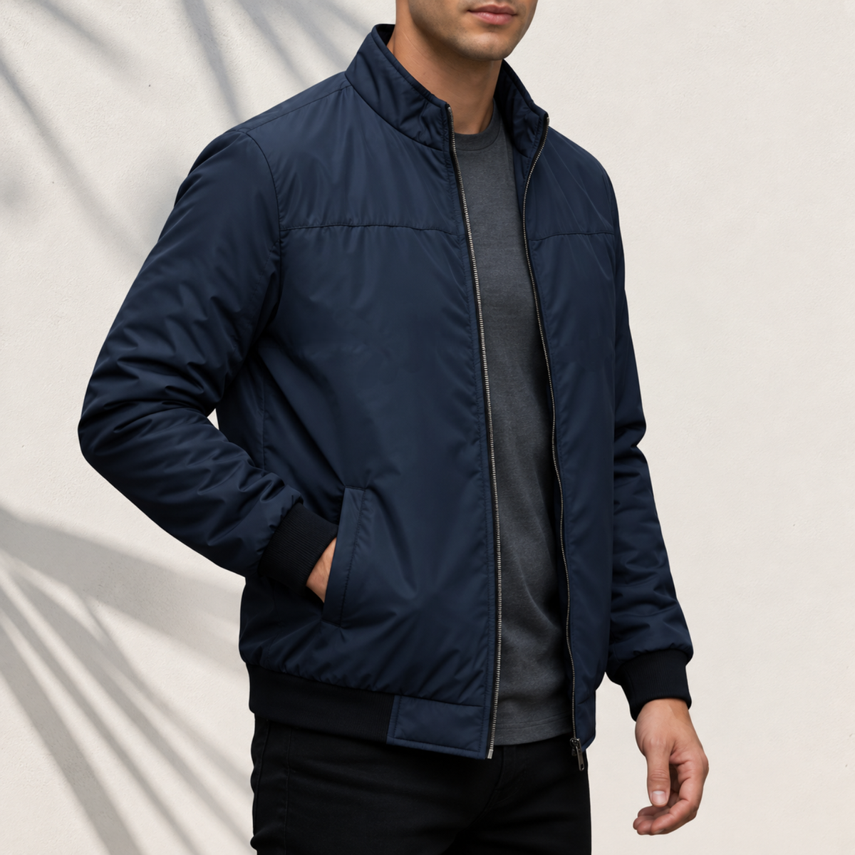 Navy Blue High-Neck Winter Jacket -SKN-82