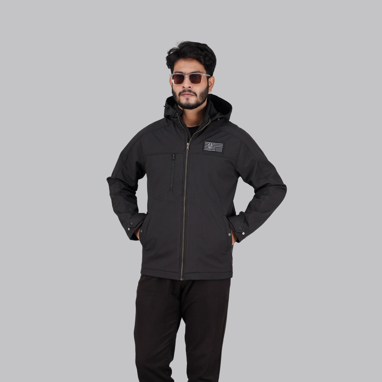 HD-225: All-Black Zip-Front Technical Hooded Jacket