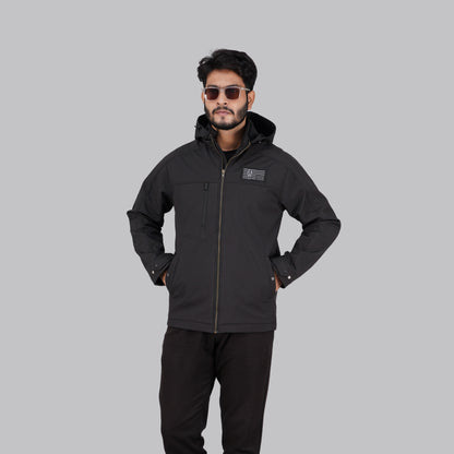 HD-225: All-Black Zip-Front Technical Hooded Jacket
