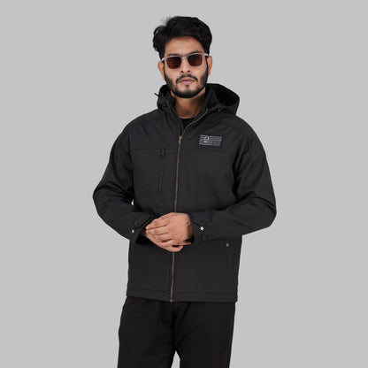 HD-225: All-Black Zip-Front Technical Hooded Jacket