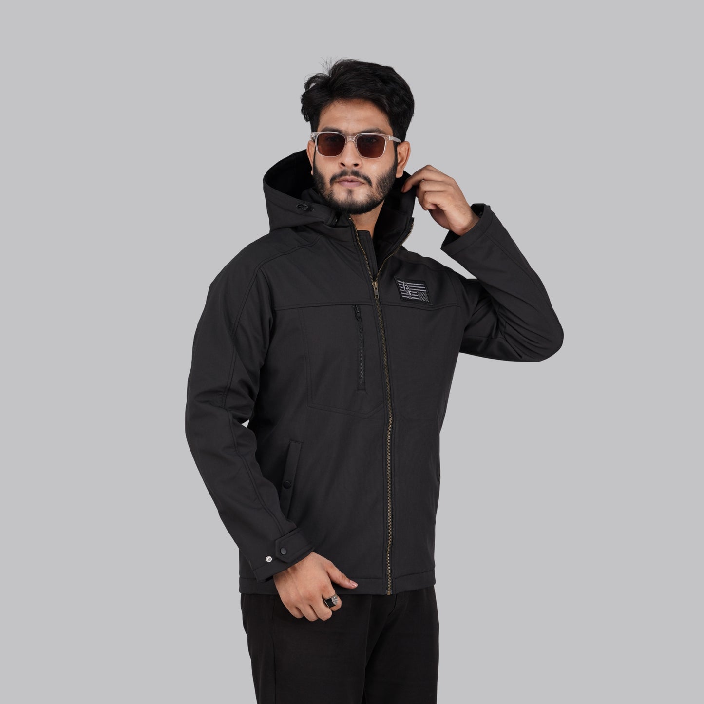HD-225: All-Black Zip-Front Technical Hooded Jacket
