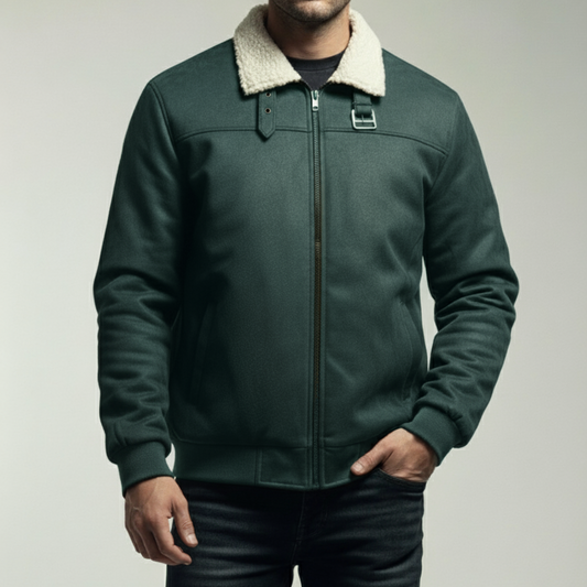 SF-160: Men's Dark Green Bomber Jacket with Cream Sherpa Collar
