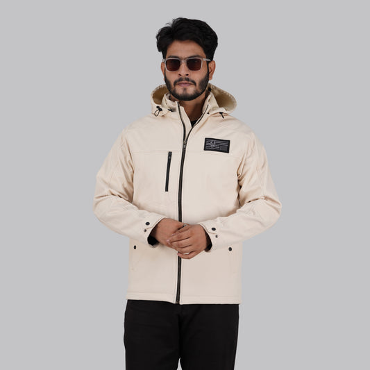 HD-235: Cream Zip-Front Technical Hooded Jacket