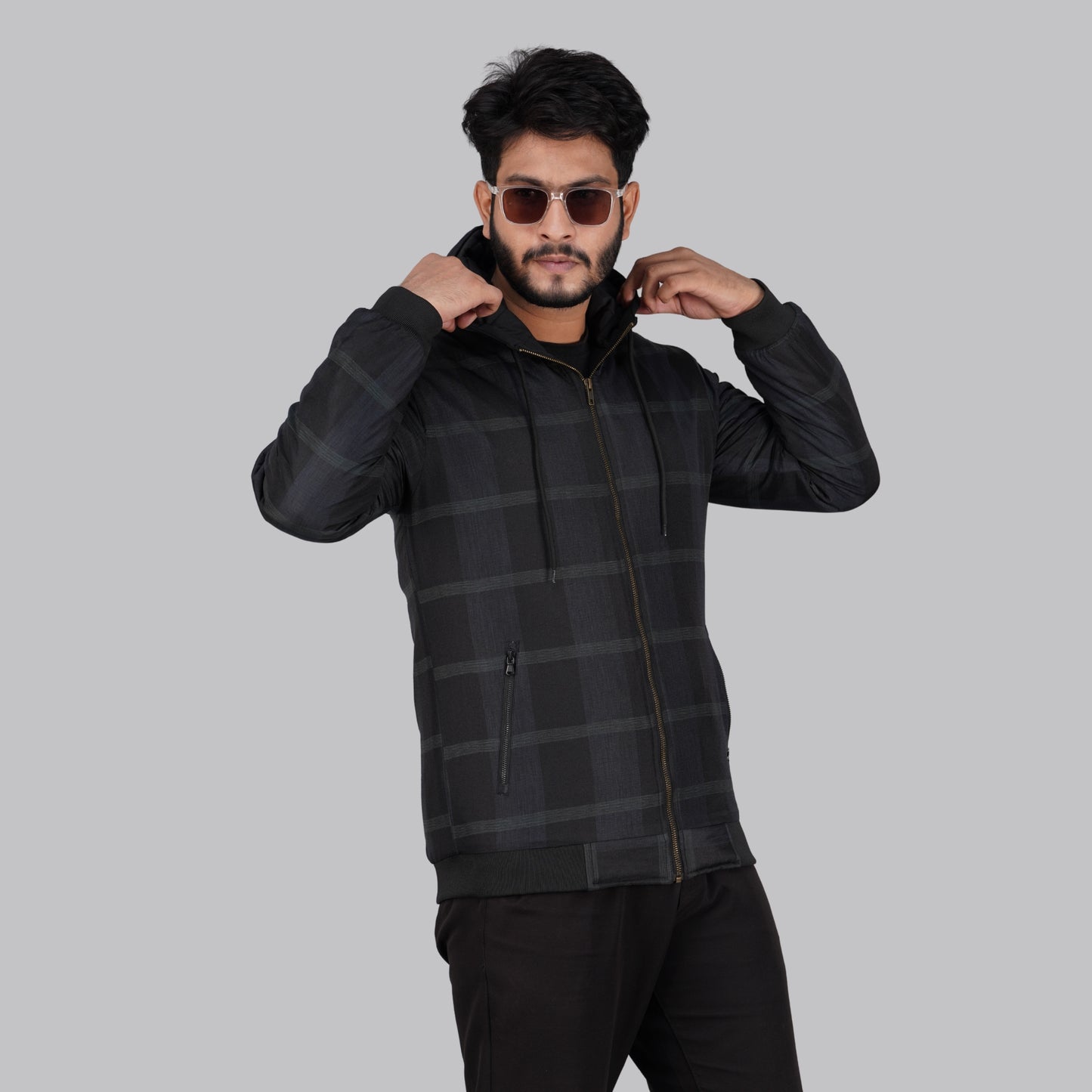 HD-200: Dark Check Casual Hooded Jacket with Ribbed Hem