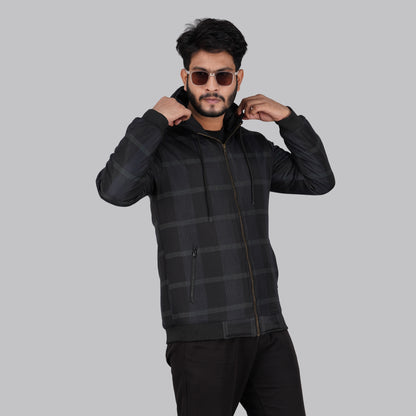 HD-200: Dark Check Casual Hooded Jacket with Ribbed Hem