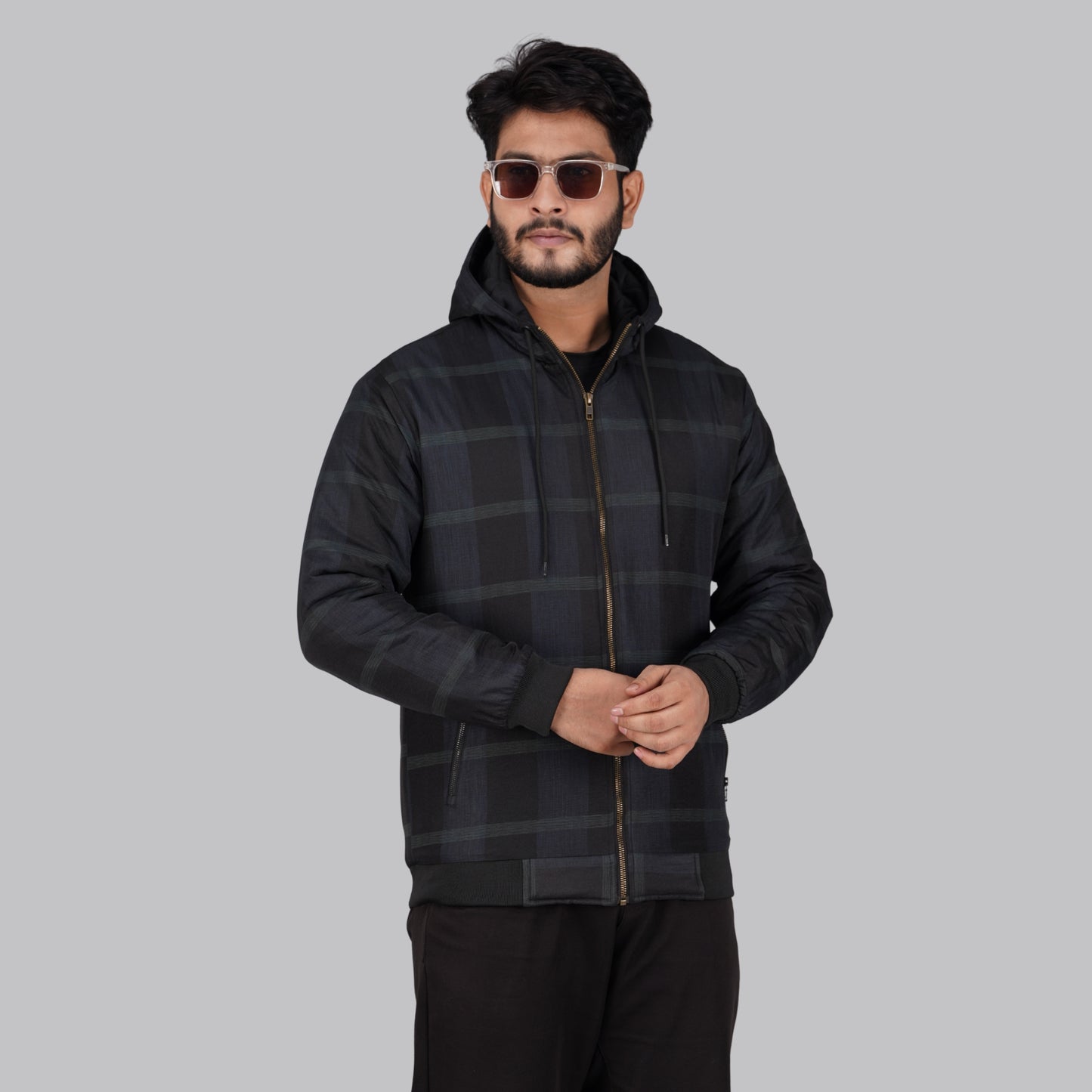 HD-200: Dark Check Casual Hooded Jacket with Ribbed Hem