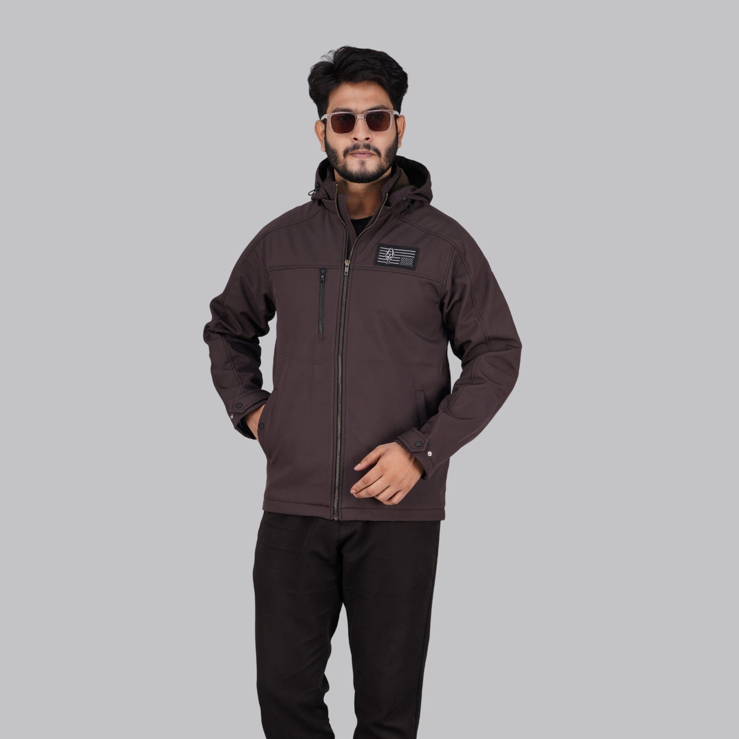 HD-240: Mocha Brown Zip-Front Technical Hooded Jacket