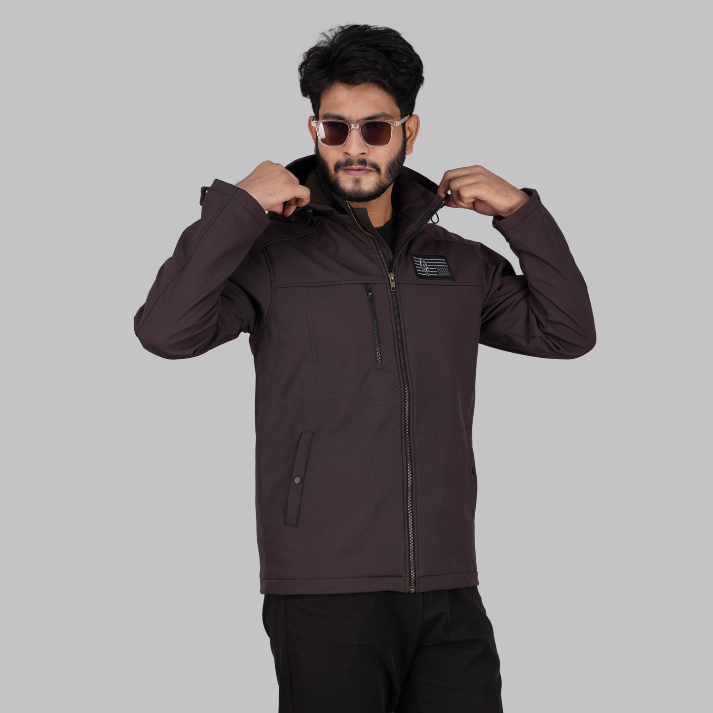 HD-240: Mocha Brown Zip-Front Technical Hooded Jacket