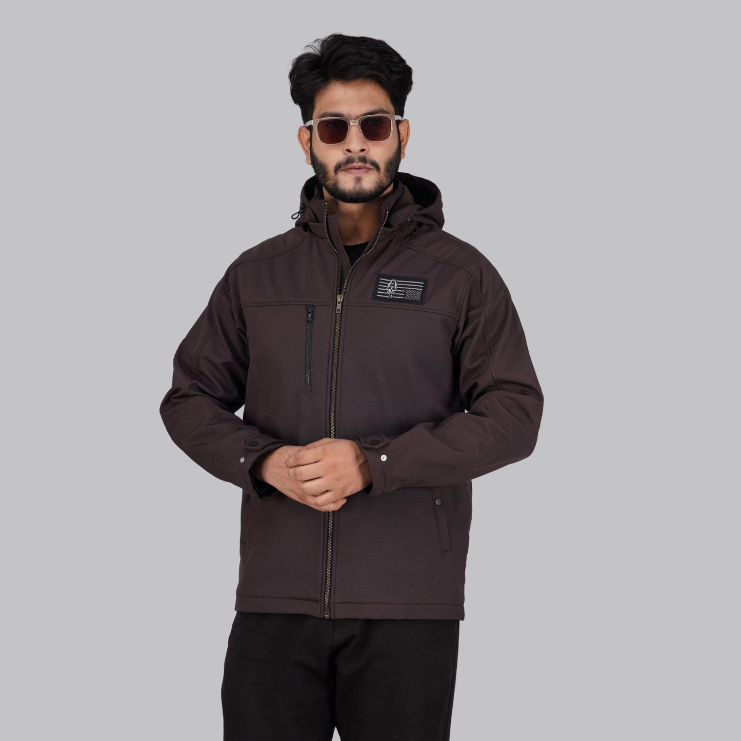 HD-240: Mocha Brown Zip-Front Technical Hooded Jacket