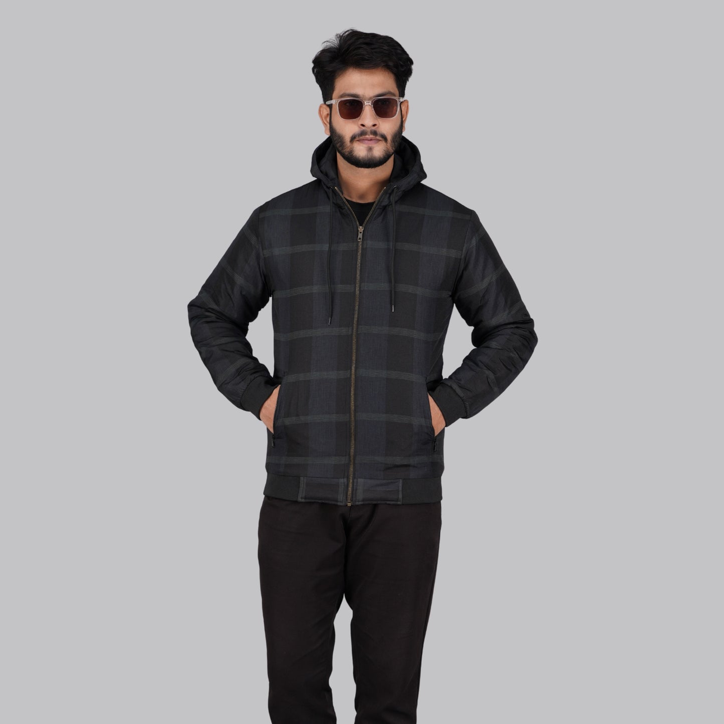 HD-200: Dark Check Casual Hooded Jacket with Ribbed Hem