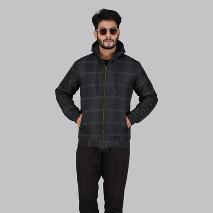 HD-200: Dark Check Casual Hooded Jacket with Ribbed Hem
