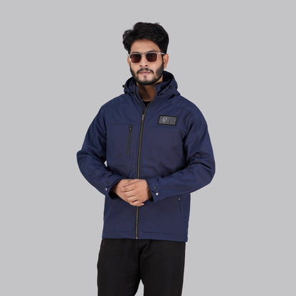 HD-210:Navy Blue Zip-Front Technical Hooded Jacket