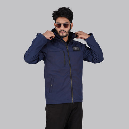 HD-210:Navy Blue Zip-Front Technical Hooded Jacket