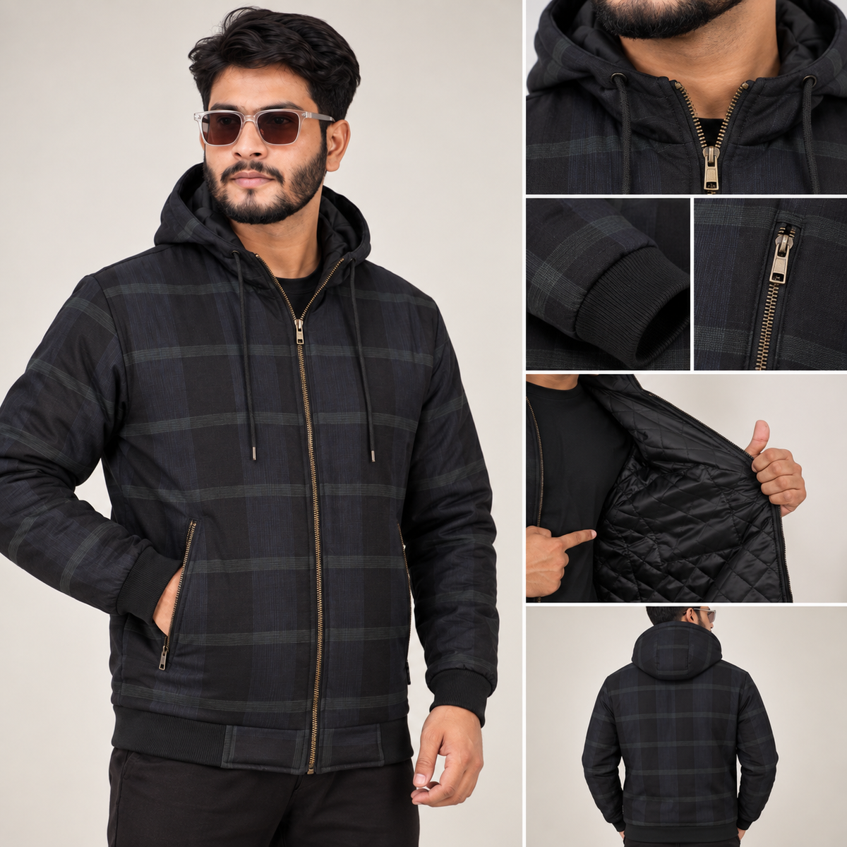 HD-200: Dark Check Casual Hooded Jacket with Ribbed Hem