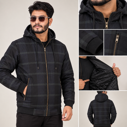 HD-200: Dark Check Casual Hooded Jacket with Ribbed Hem