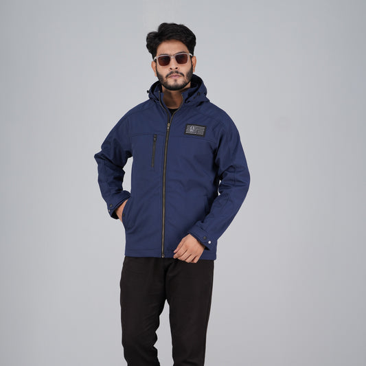 HD-210:Navy Blue Zip-Front Technical Hooded Jacket