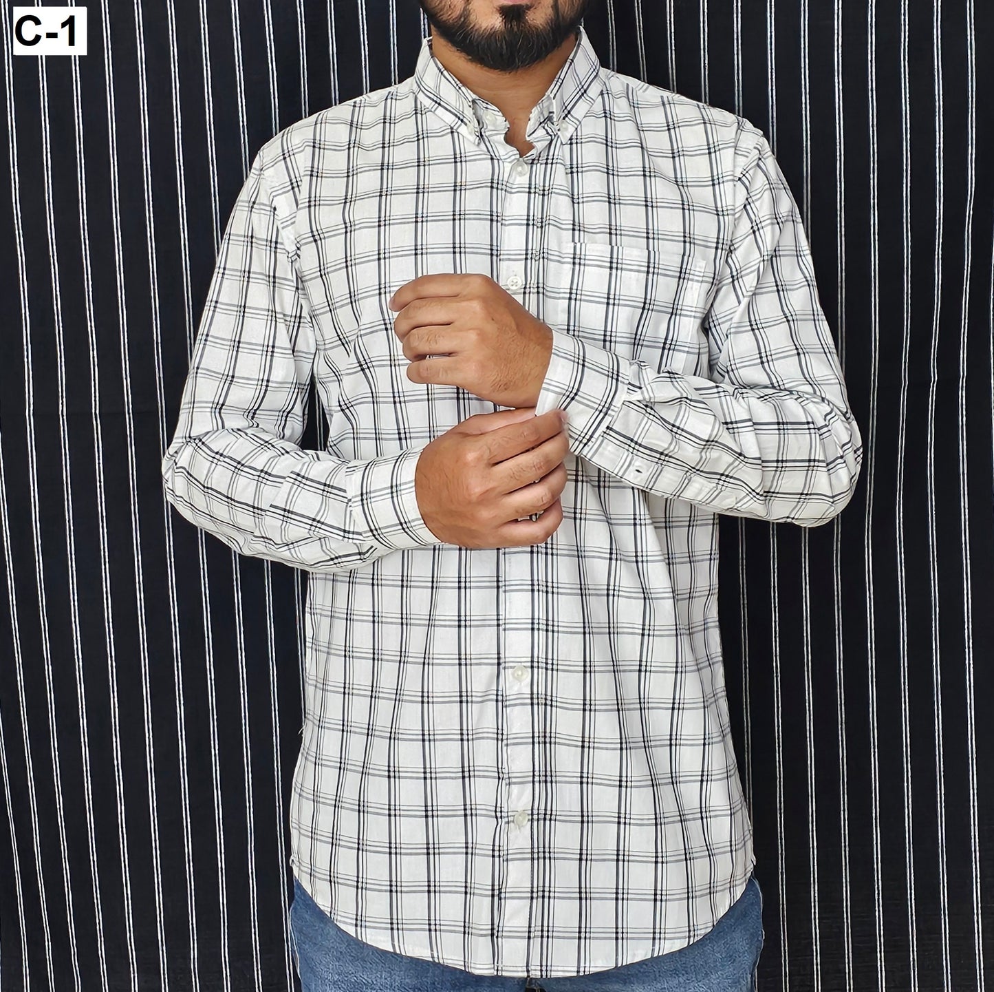 White Checkered Full Shirt|C-1