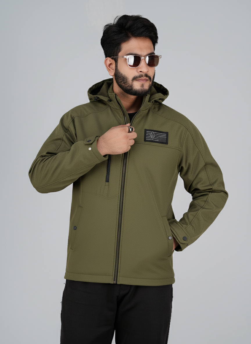 HD-245: Olive Zip-Front Technical Hooded Jacket