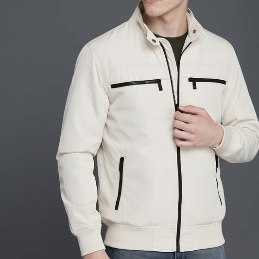 SKN-001: Classic Cream Stand Collar Zippered Jacket
