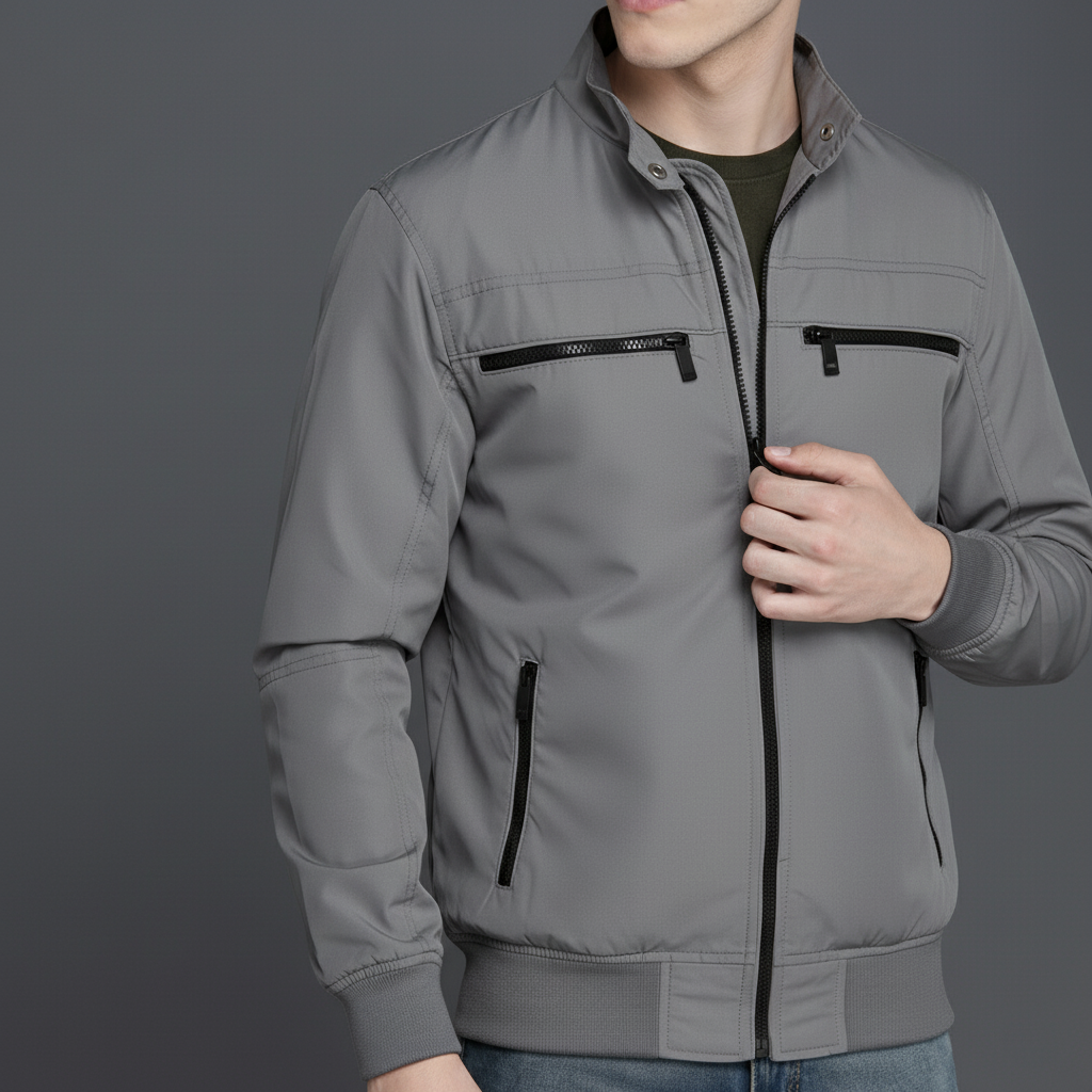 SKN-006: Classic Stone Gray Stand Collar Zippered Jacket