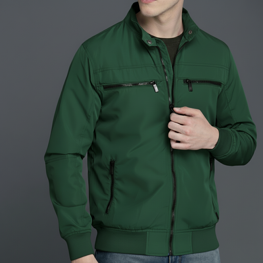 SKN-002: Hunter Green Stand Collar Bomber Jacket with Zipper Pockets