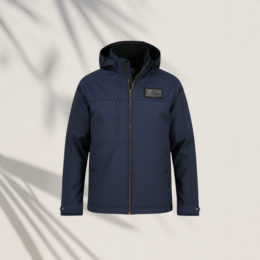 HD-210:Navy Blue Zip-Front Technical Hooded Jacket