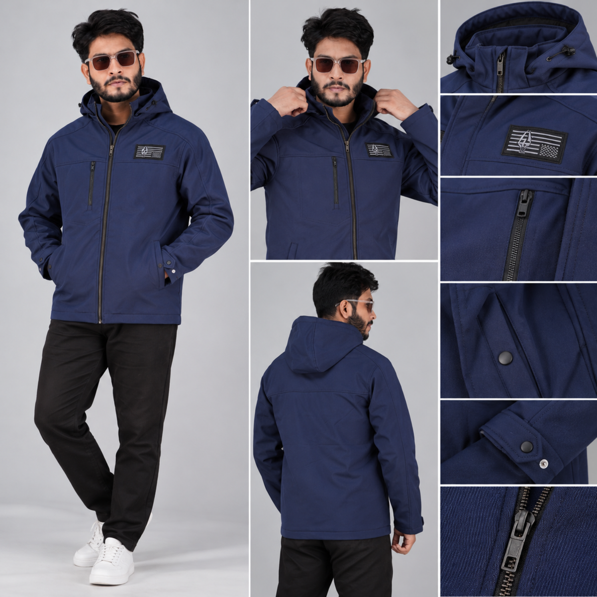 HD-210:Navy Blue Zip-Front Technical Hooded Jacket