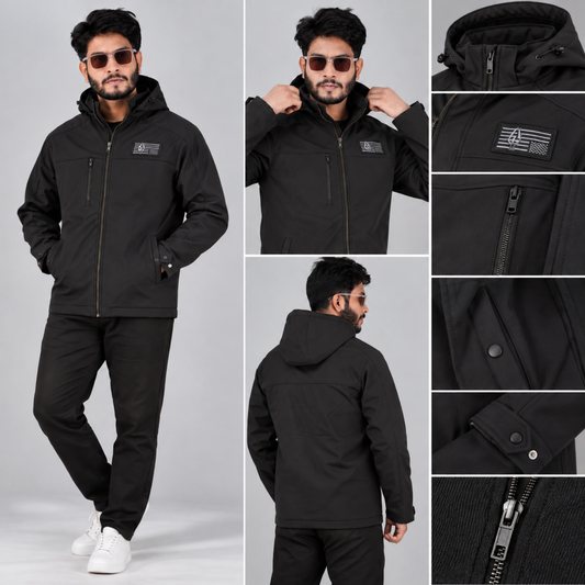 HD-225: All-Black Zip-Front Technical Hooded Jacket