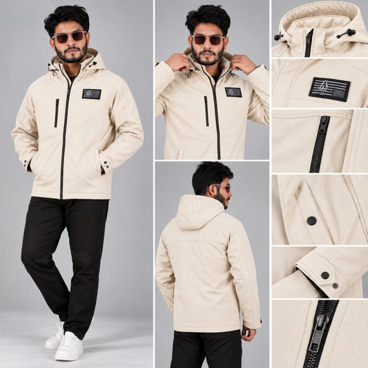 HD-235: Cream Zip-Front Technical Hooded Jacket