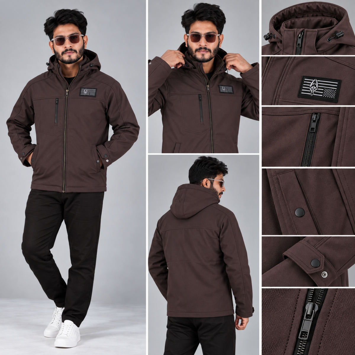 HD-240: Mocha Brown Zip-Front Technical Hooded Jacket
