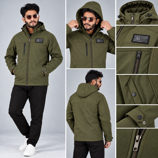 HD-245: Olive Zip-Front Technical Hooded Jacket