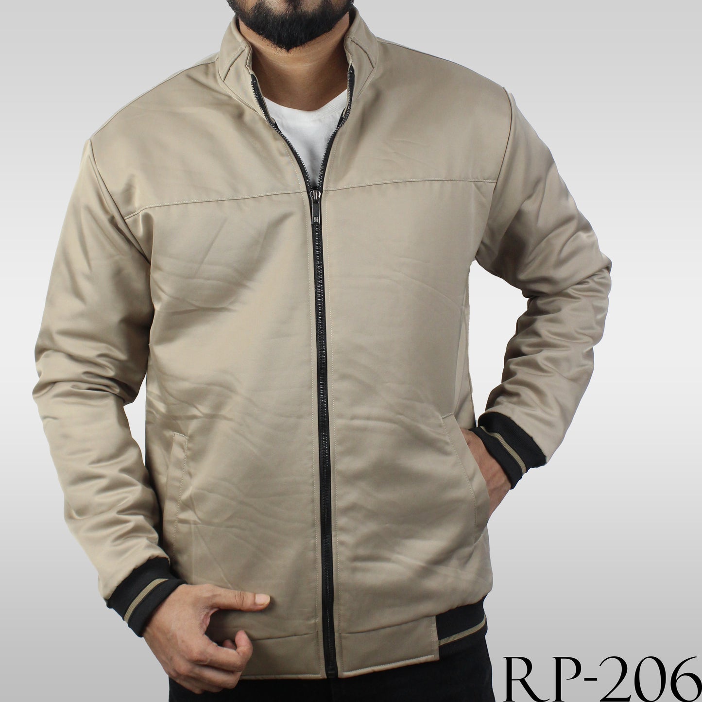 Golden men's high-neck winter jacket.