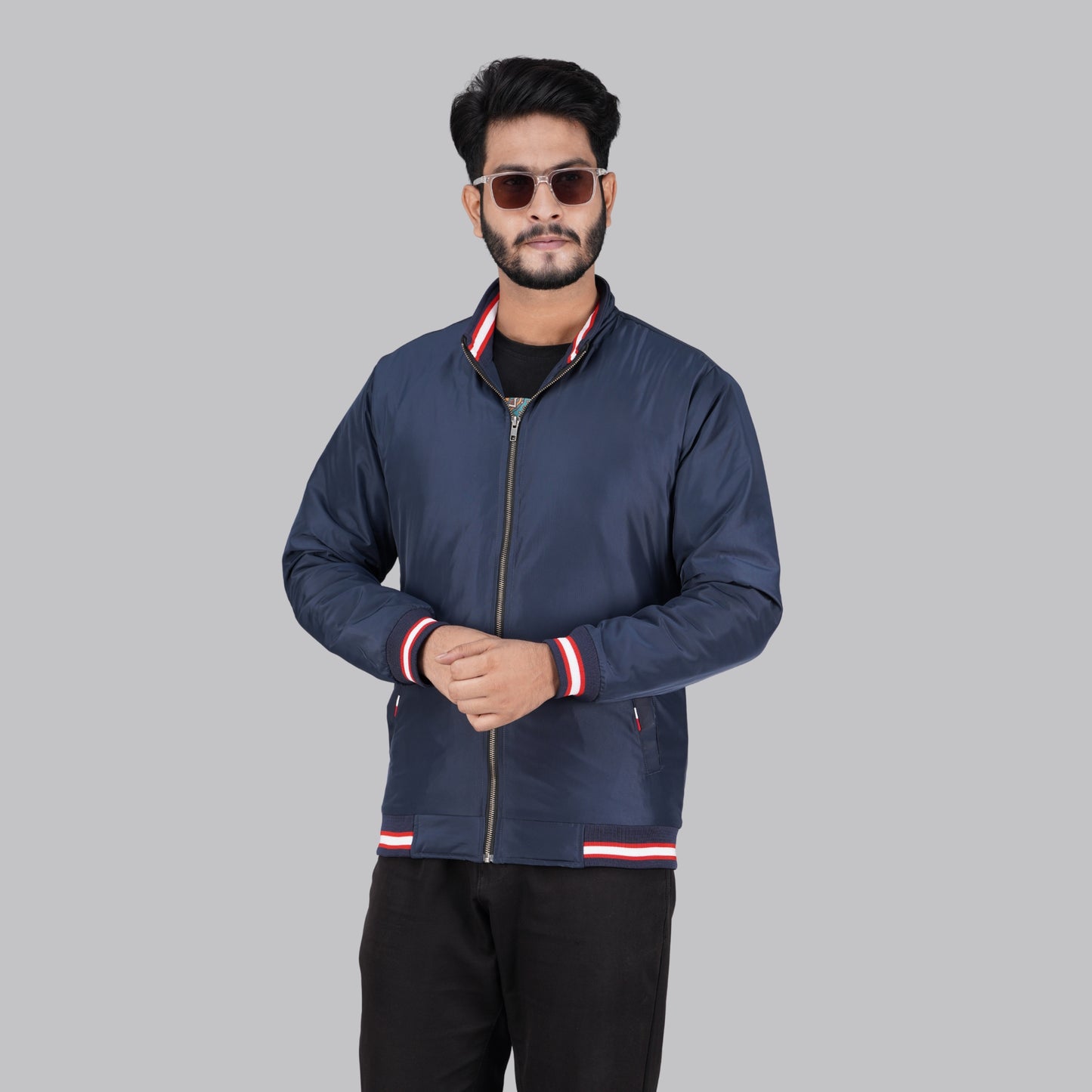 High Neck Navy Blue Jacket with Red & White Striped Cuffs (RP-310)