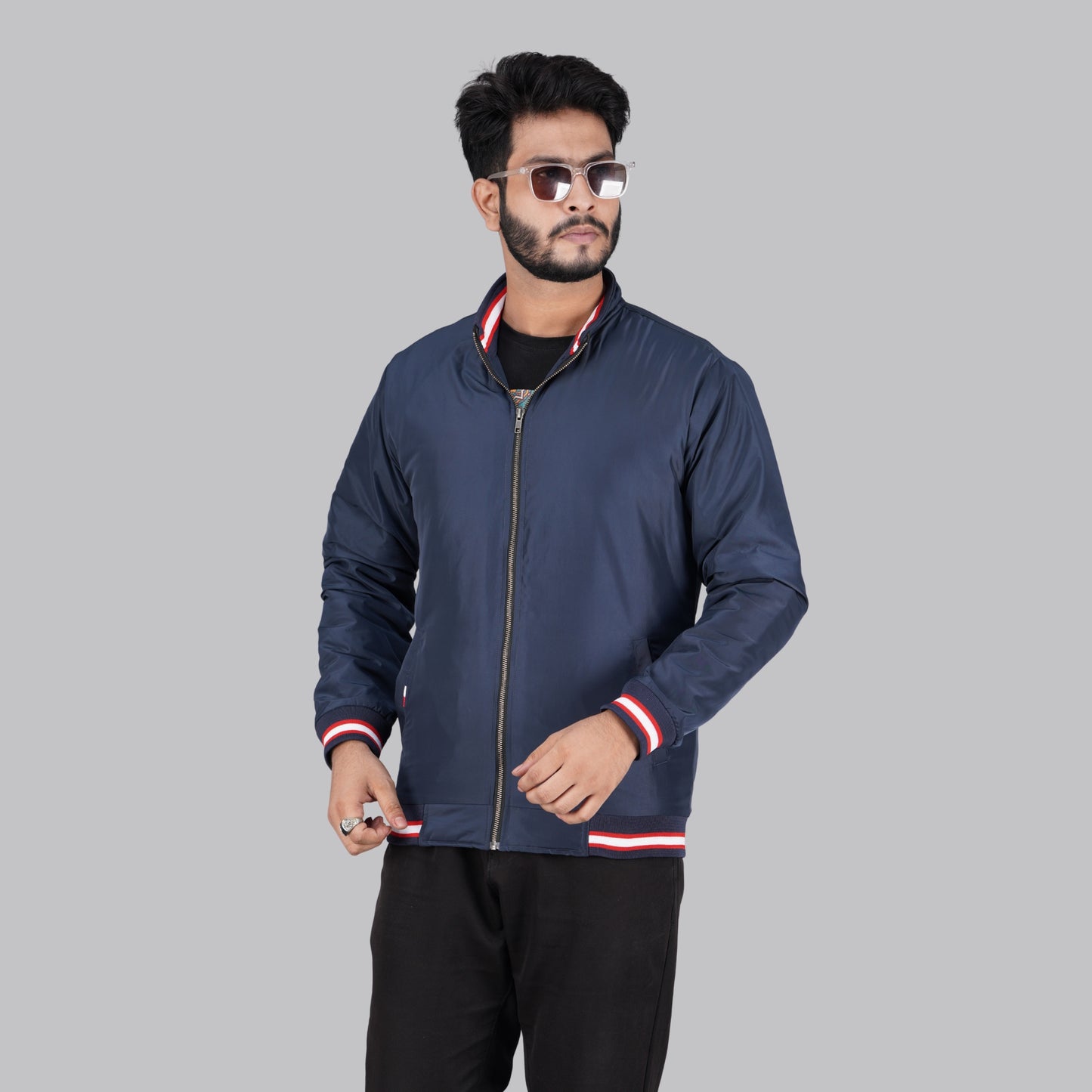 High Neck Navy Blue Jacket with Red & White Striped Cuffs (RP-310)