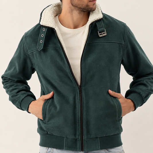 SF-160: Men's Dark Green Bomber Jacket with Cream Sherpa Collar