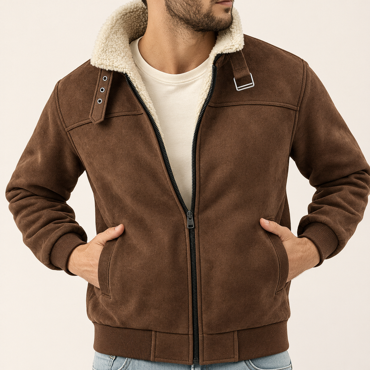 SF-175: Men's Brown Suede-Look Bomber Jacket with Cream Sherpa Collar