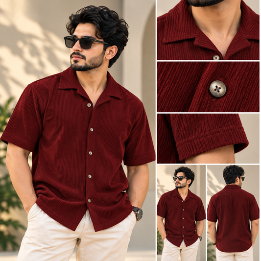 Cuban Collar Corduroy Half Sleeve Shirt |H-204