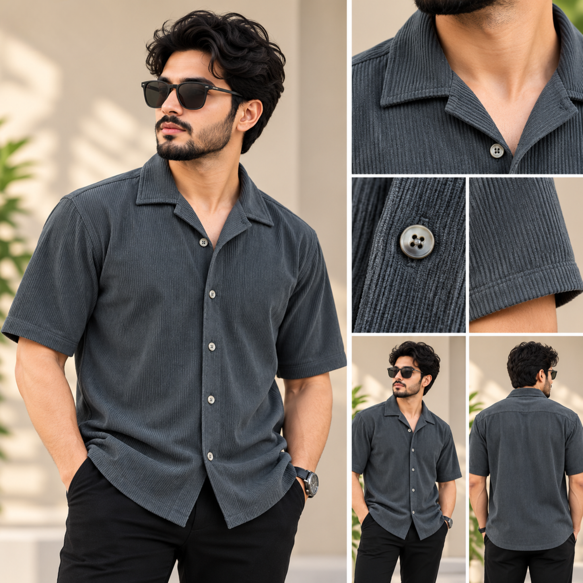 Cuban Collar Corduroy Half Sleeve Shirt |H-203