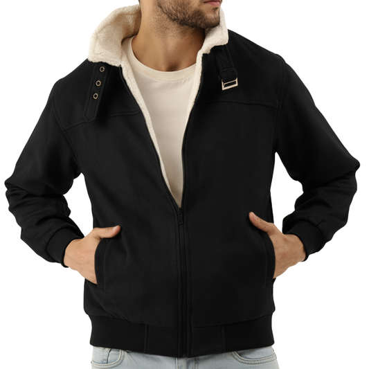 SF-165 | Black Suede-Look Bomber with Cream Sherpa Lining