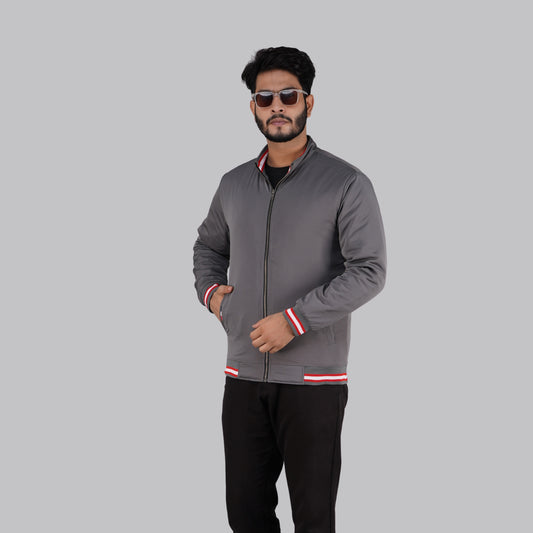 Charcoal Grey Stand Collar Jacket with Red Striped Trim | RP-340